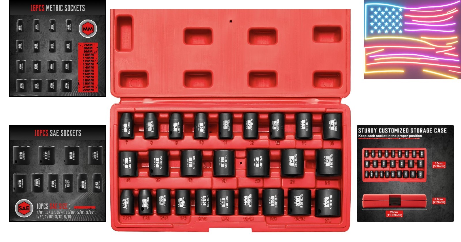 26 PCS Socket Set 3/8″ Drive SAE Metric Impact Sockets