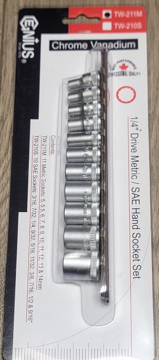 Genius Tools 11pc 1/4″dr Metric 12pt Short Socket Set w/Rail 5-14mm #TW-211M