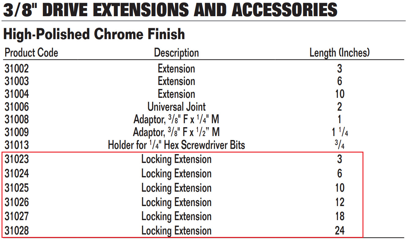3/8″ Drive Locking Extension Bars, High-Polished Chrome, 3″ To 24″ Long,Williams