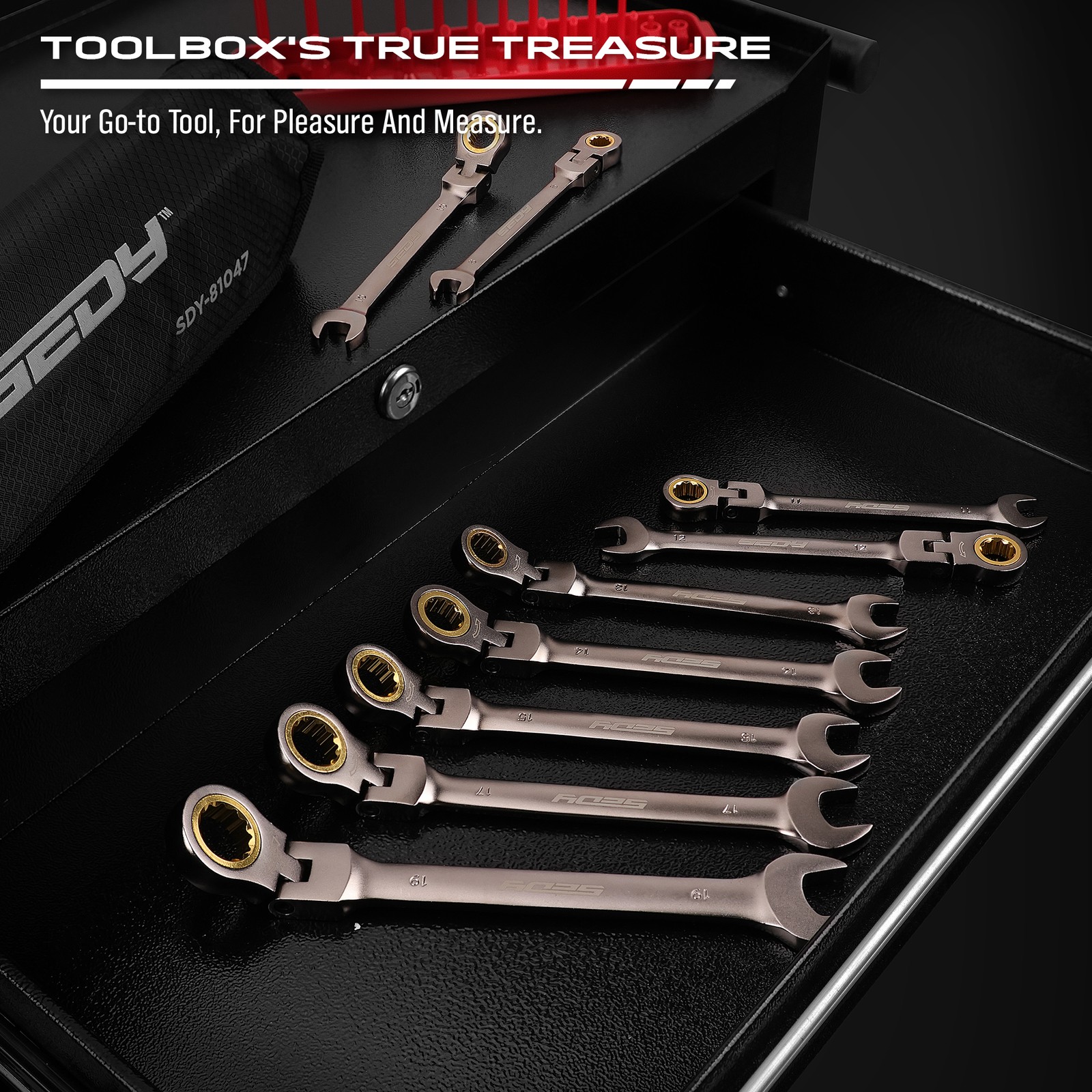 9PC Flexible Ratchet Spanner Wrench Set Metric 8-19mm With Storage Rack