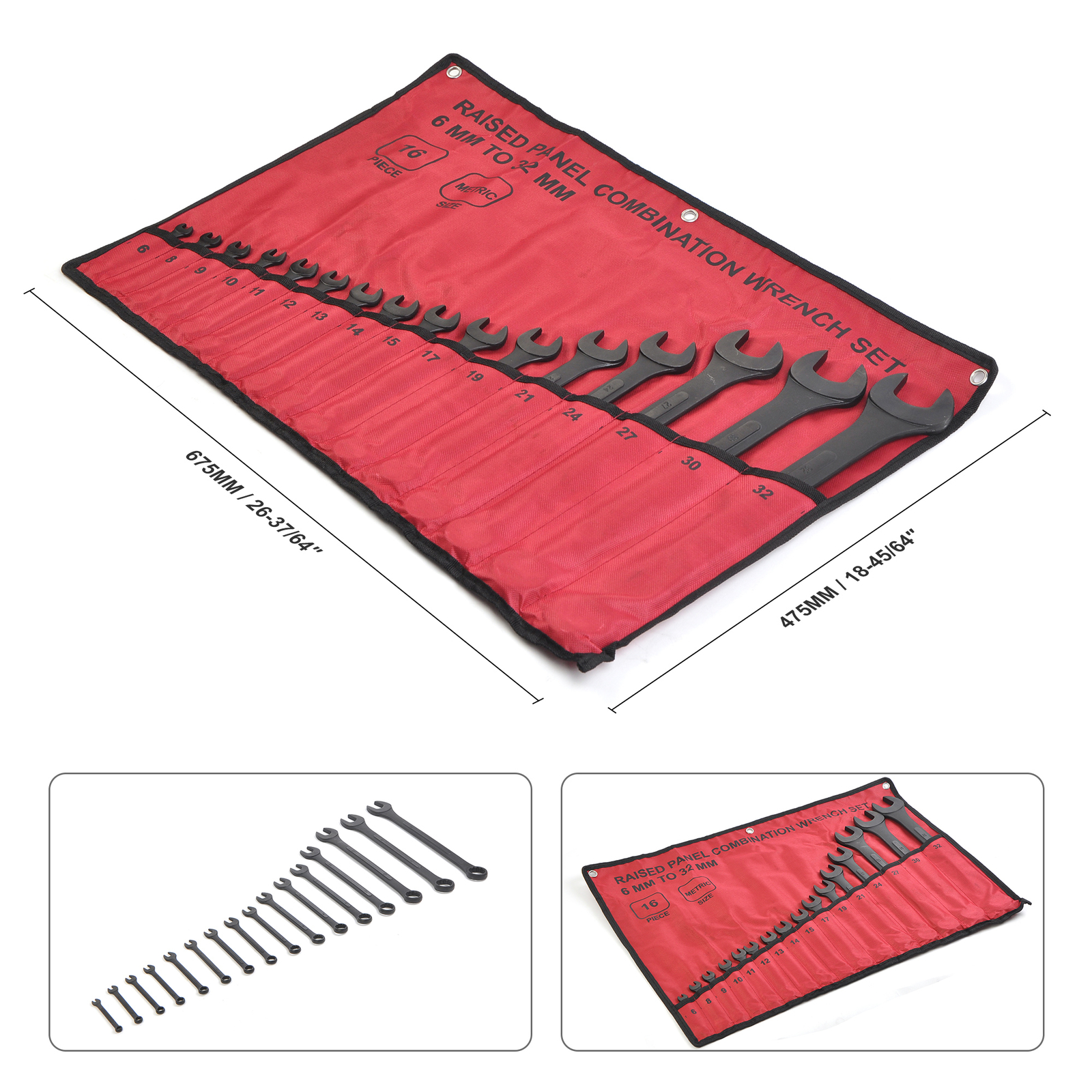 16pcs Combination Wrench Set, Metric 6mm to 32mm w/ Roll Up Pouch Raised Panel