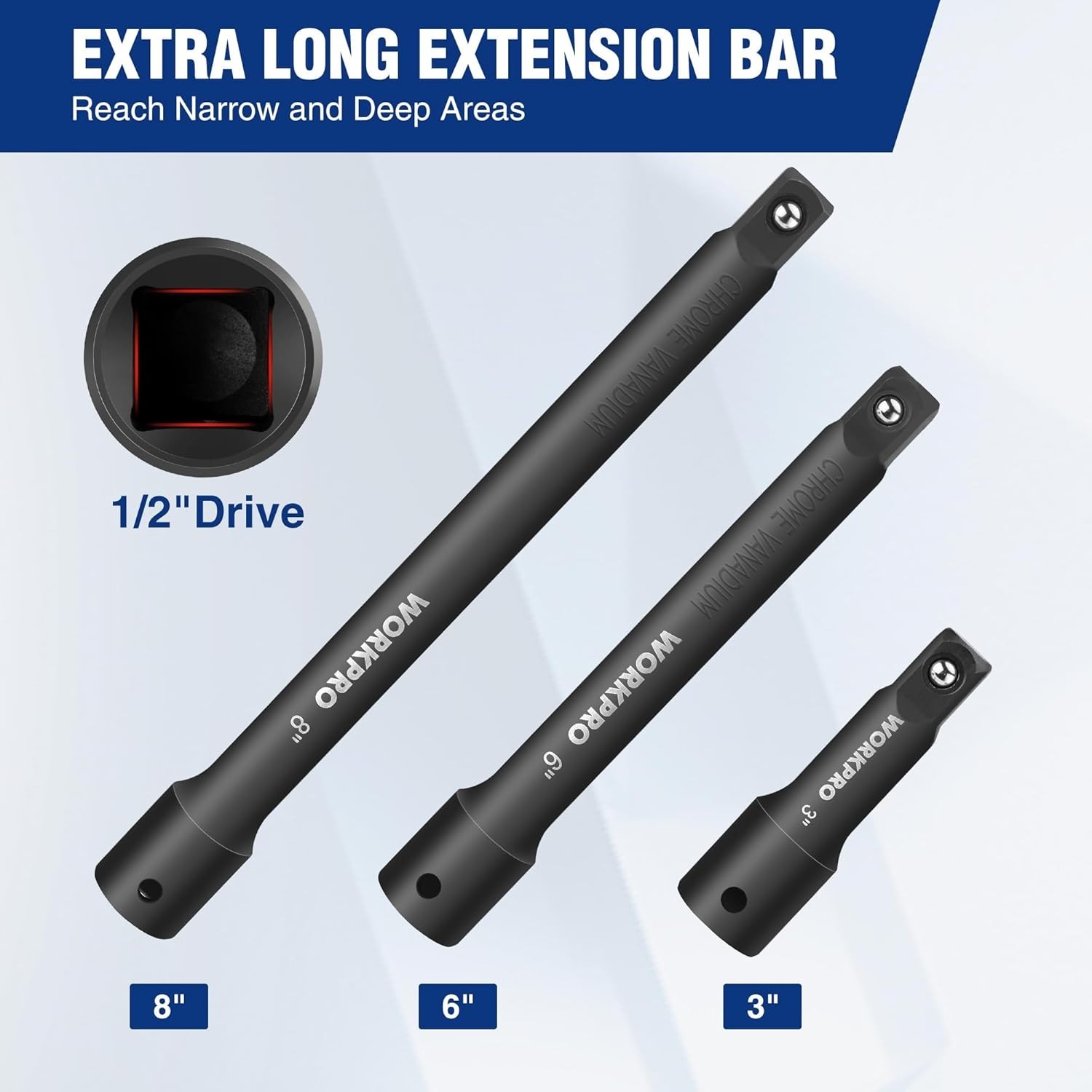 1/2″ Drive Impact Extension Bar Set, 3 PCS, 3″, 6″, 8″ Length