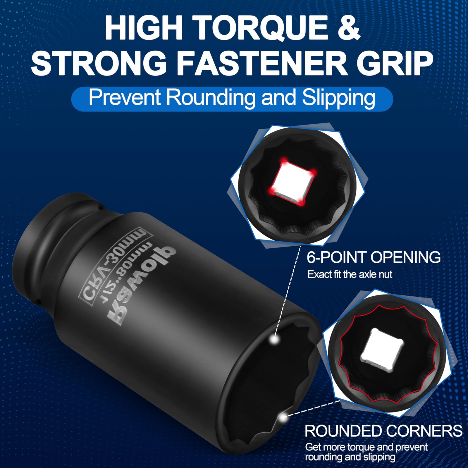 Axle Nut Impact Socket, 30mm 12-Point, 1/2 Inch Drive 1pack
