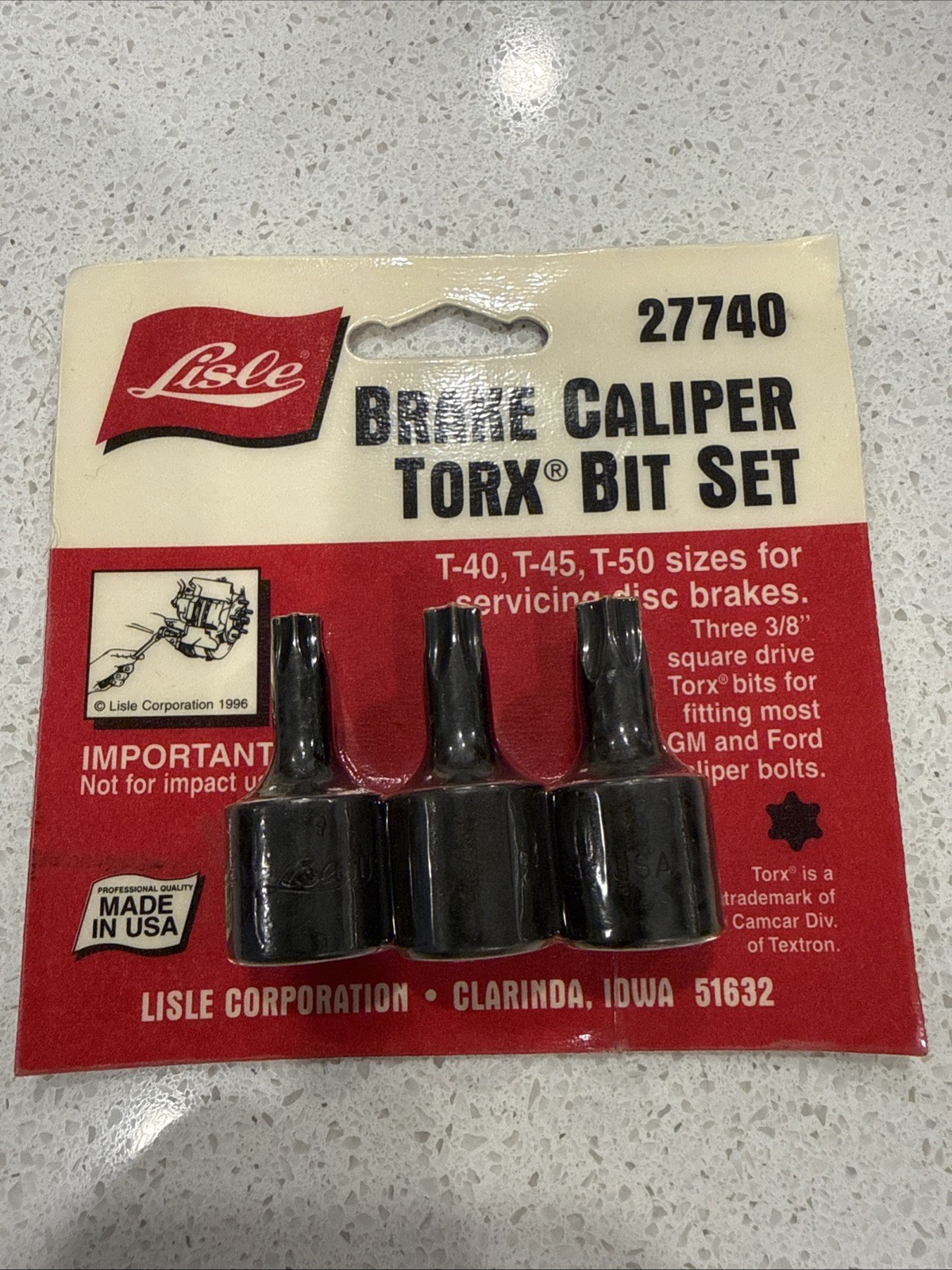 Lisle 27740 Brake Caliper Torx Bit Set T-40,45,50 3/8” Sq. Drive New In Package