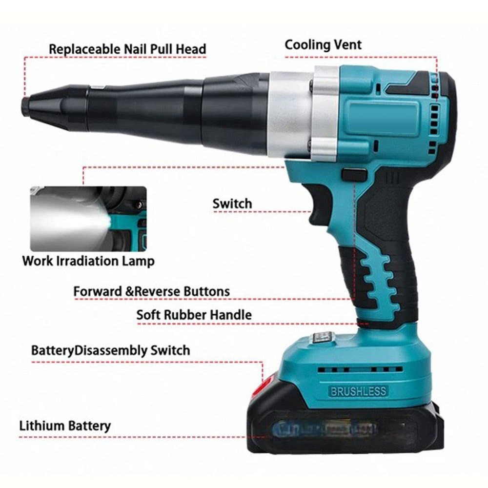 For Makita LXT 18V Battery Brushless Electric Rivet Gun Kit + 20 Rivets & LED
