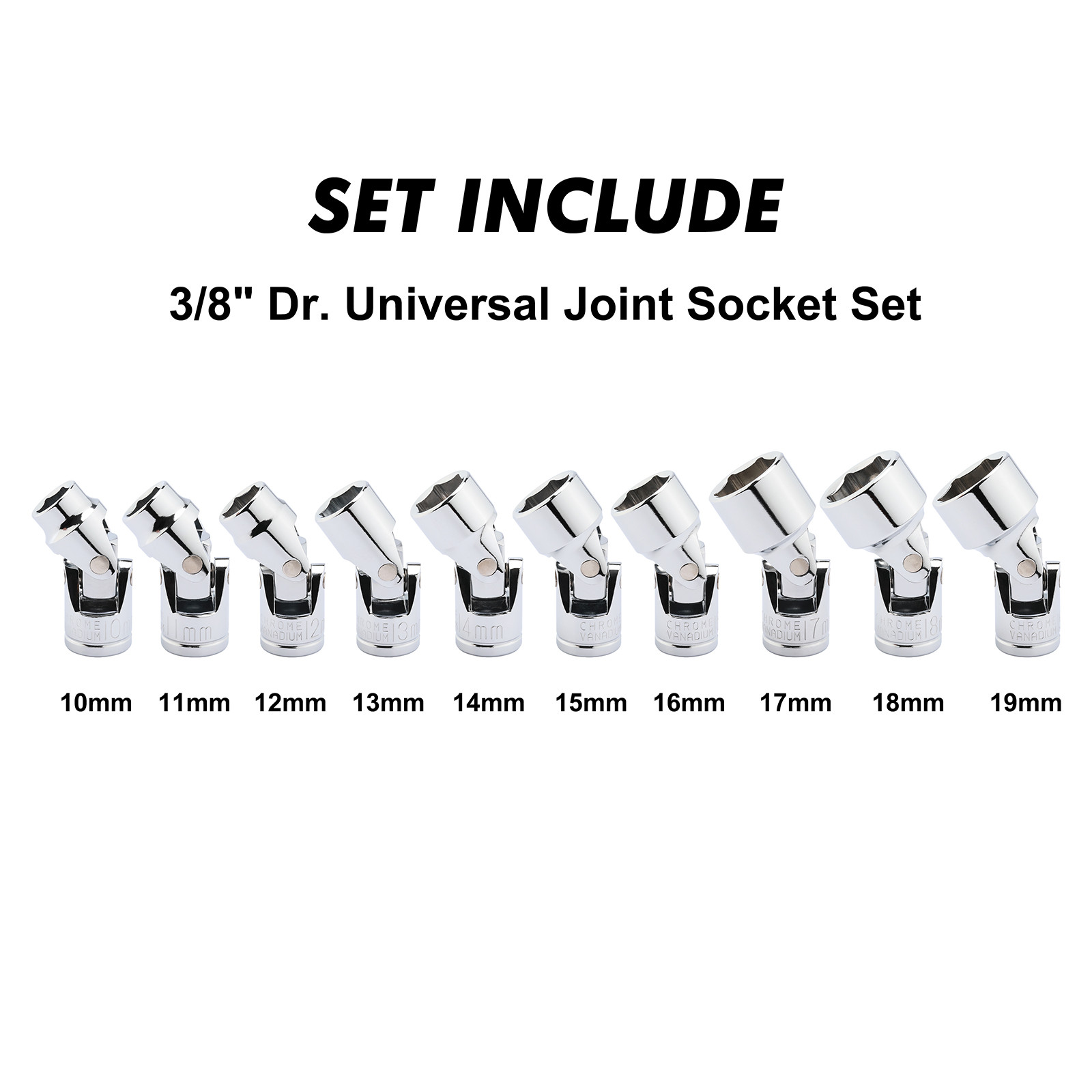 3/8″ Drive Universal Joint Socket Set 10 Pcs Flex Socket Set 6Point Cr-V 10-19mm