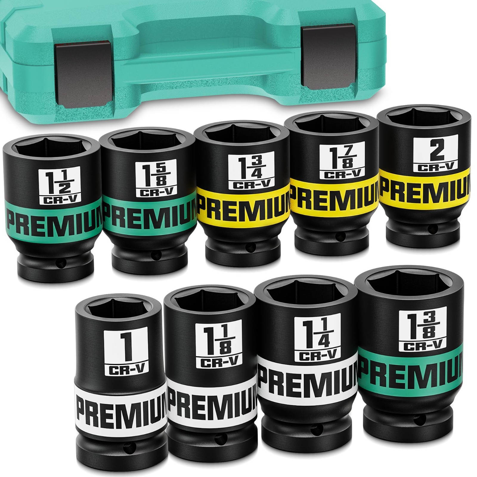 9-Piece 1″ Drive Jumbo Impact Socket Set, SAE Axle Nut, Deep 6-Point Cr-V Steel
