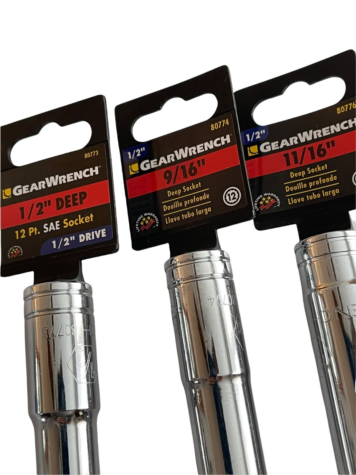 GearWrench 1/2″ Drive 12 Point SAE Deep Sockets 1/2″ 9/16″ 11/16″ Lot of 3 – NEW