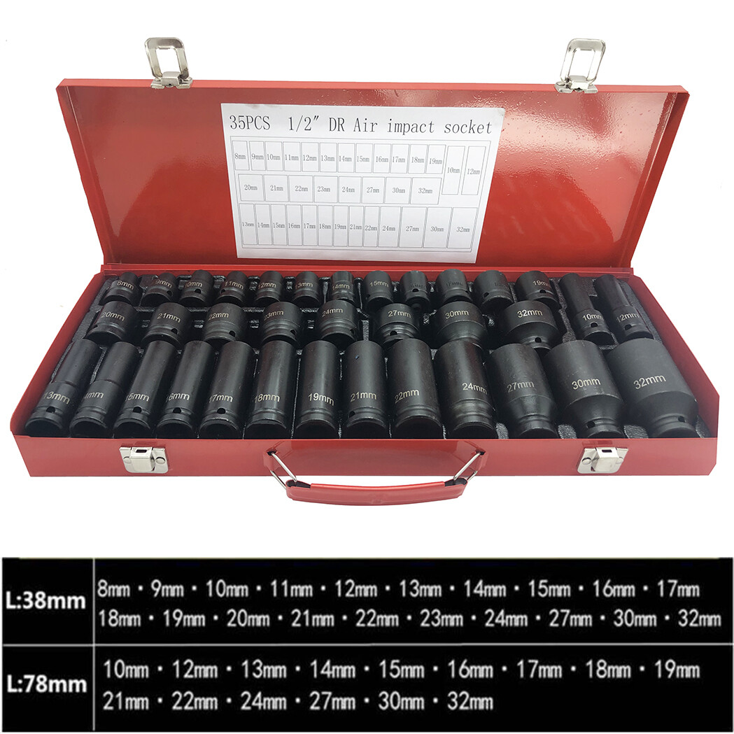 35PC 1/2″ Drive Impact Socket Set Deep & Standard Metric Axle Hub Nut 6-Point CR