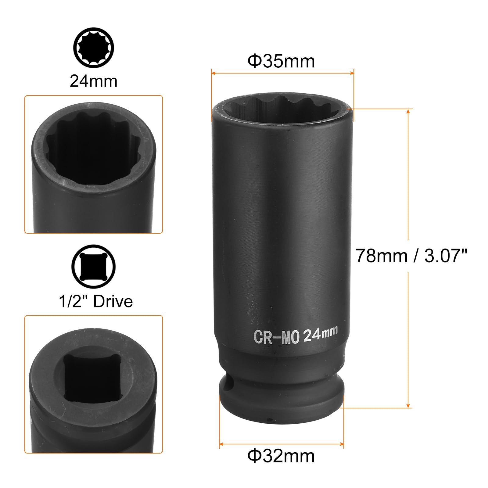 HARFINGTON 12-Point Deep Impact Socket 1/2 Inch Drive 24mm Metric Chrome