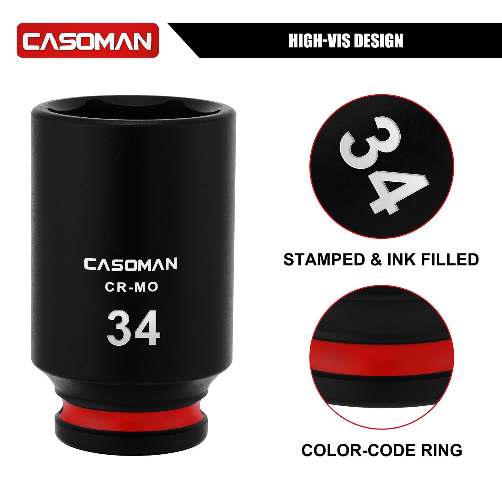 CASOMAN 1/2″ Drive x 34mm Deep Impact Socket, 6-Point, Metric, CR-MO