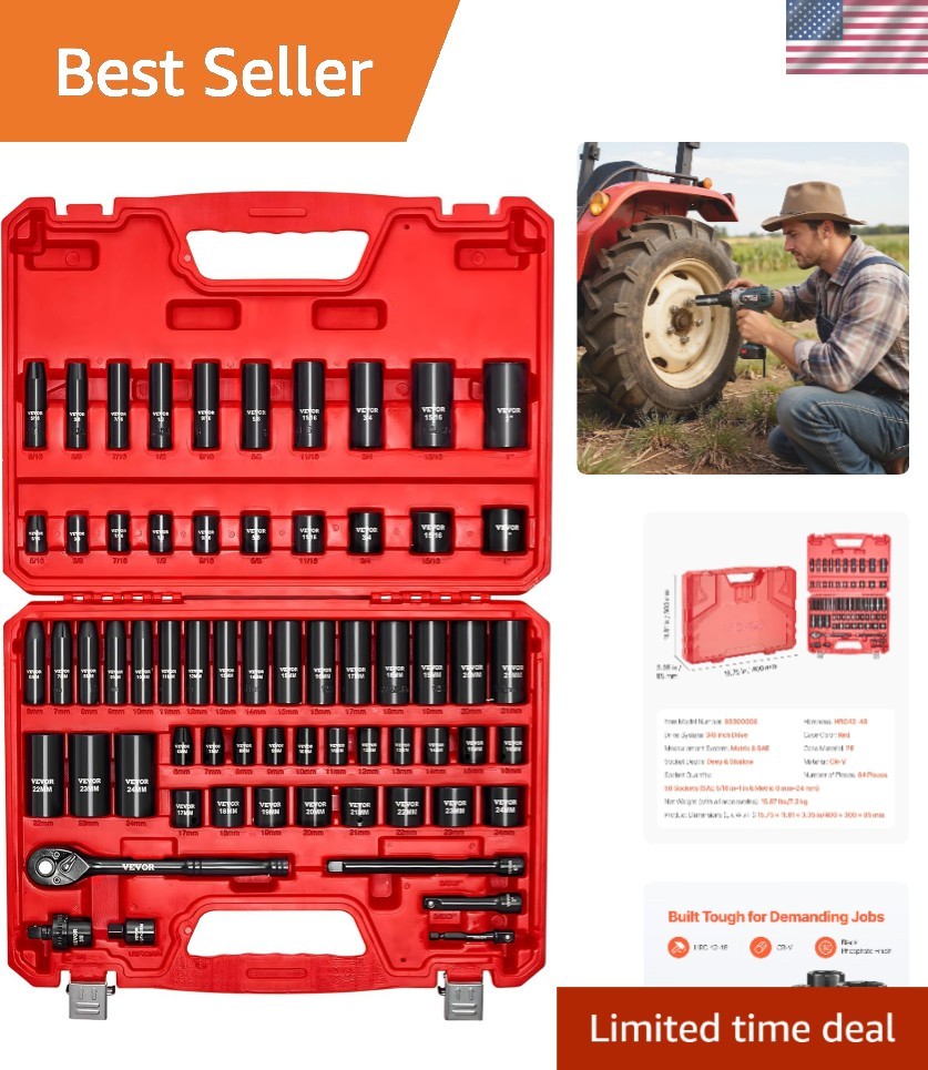 Chrome Vanadium 64-Piece Impact Socket Set – Deep & Shallow with Extensions