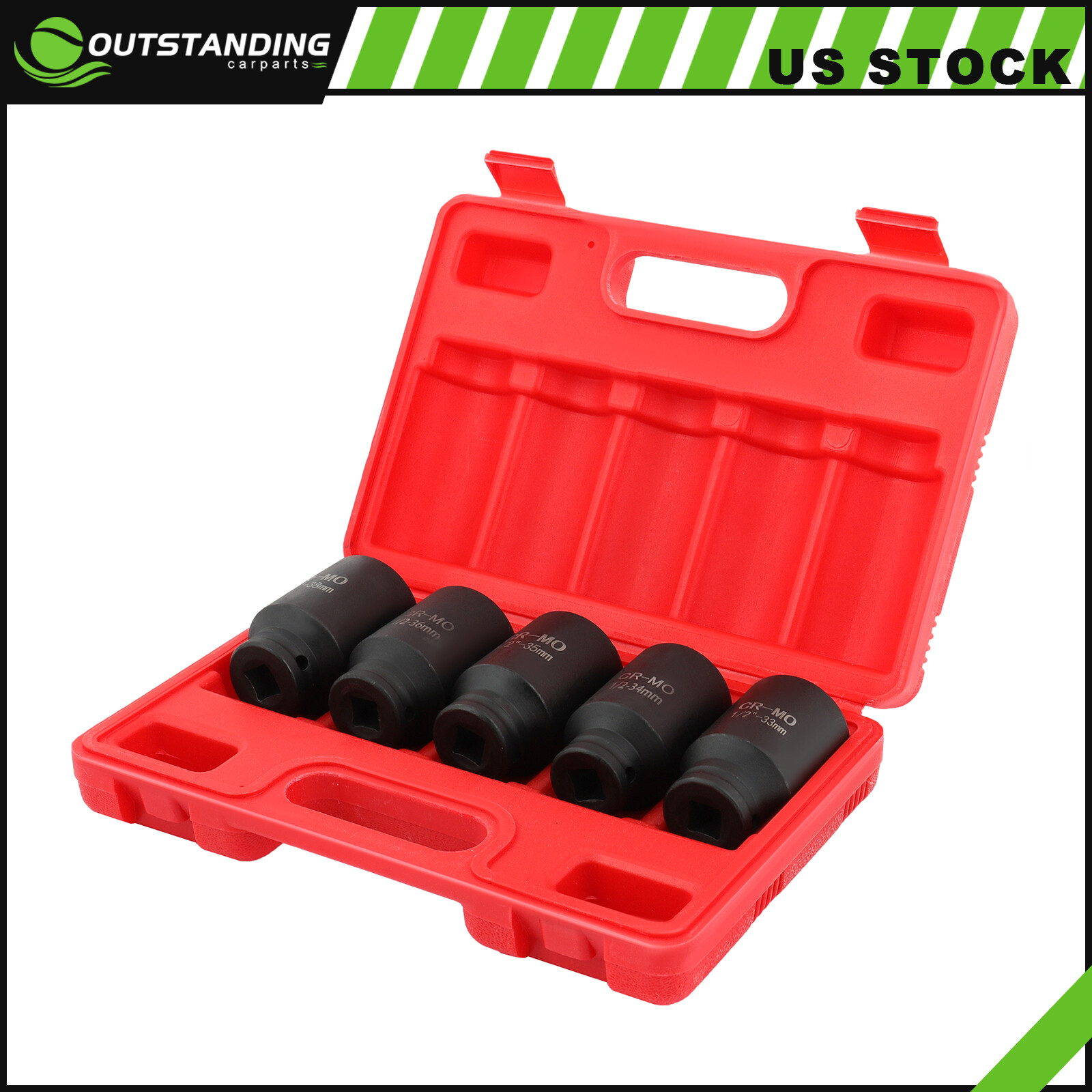 5 PC 1/2″ Dr Front & Back Wheel DR 6 Pt Deep Spindle Axle Nut Socket Set 33-38mm
