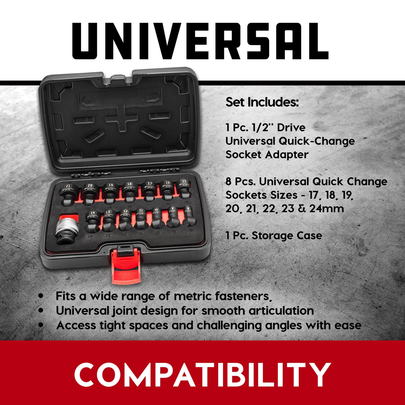 Powerbuilt 15 Piece 1/2″ Dr. Metric Quick-Change Swivel Socket Set With Adapter