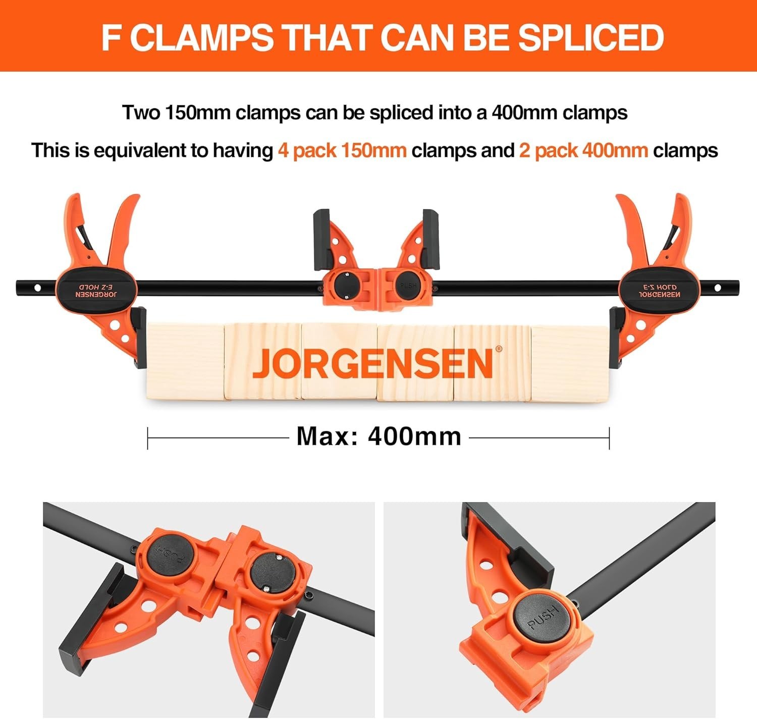 JORGENSEN 150 mm Woodworking Clamps 4-Pack, Splicable to 400 mm Ratchet Bar Cla