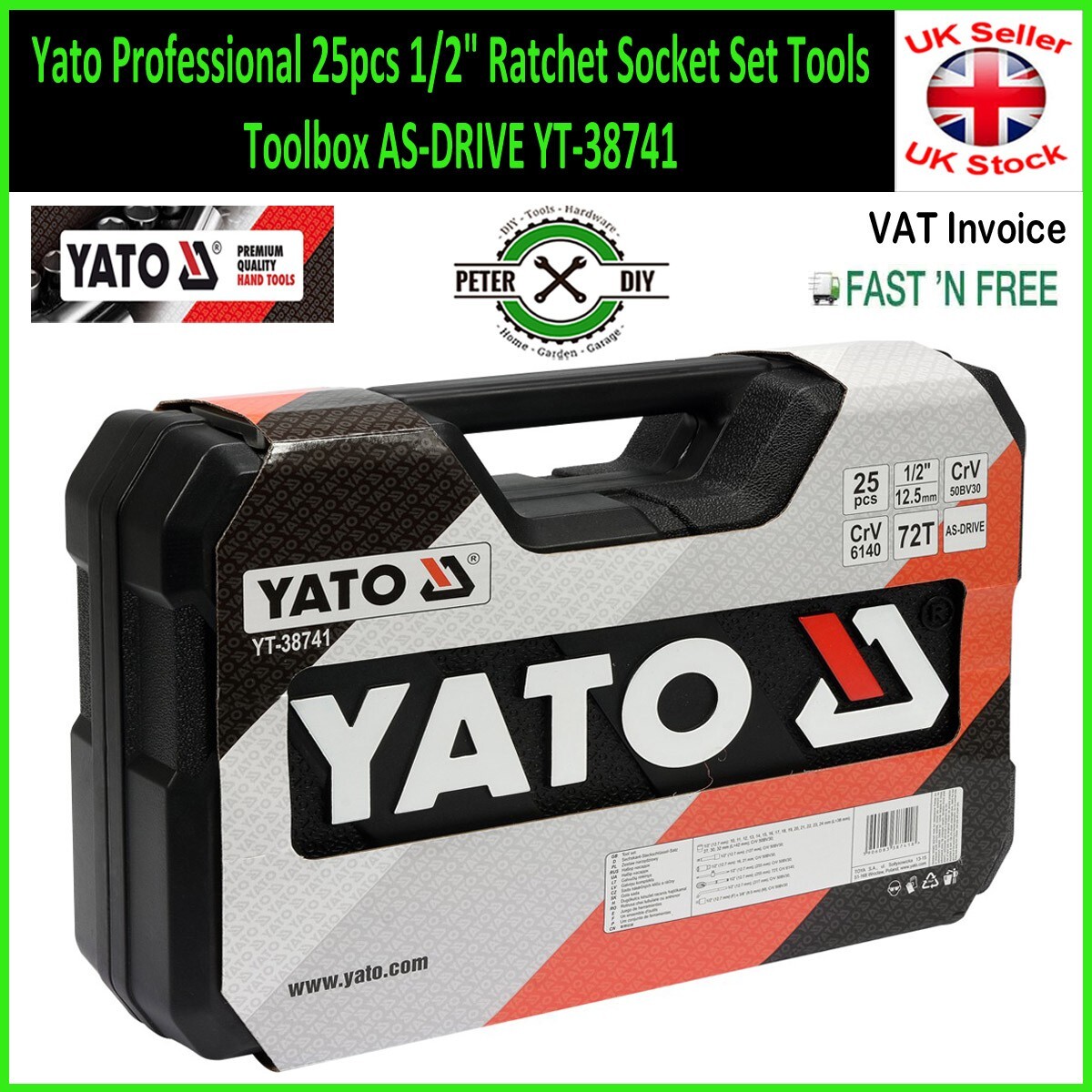 Yato Professional 25pcs 1/2″ Ratchet Socket Set Tools Toolbox AS-DRIVE YT-38741