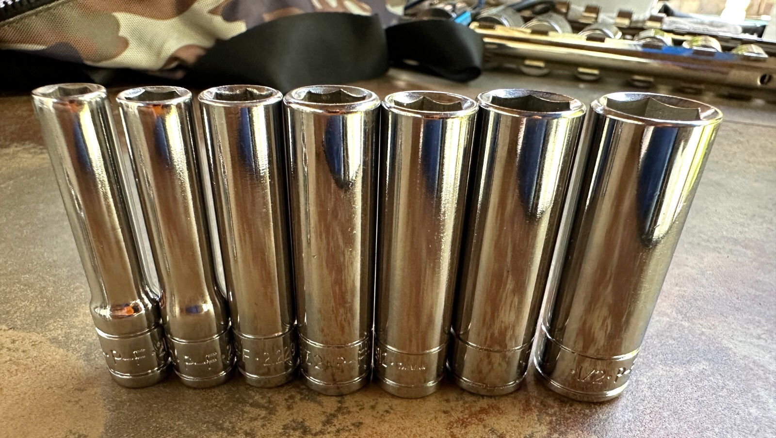 13 – P-F Deep and Normal Sockets 3/8 and 1/4 drive. Mostly New see sizes below