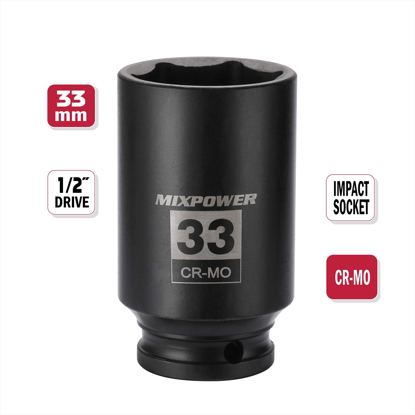1/2″ Drive Deep Impact Socket, CR-MO, 33 mm, METRIC, 6 Point, 33mm
