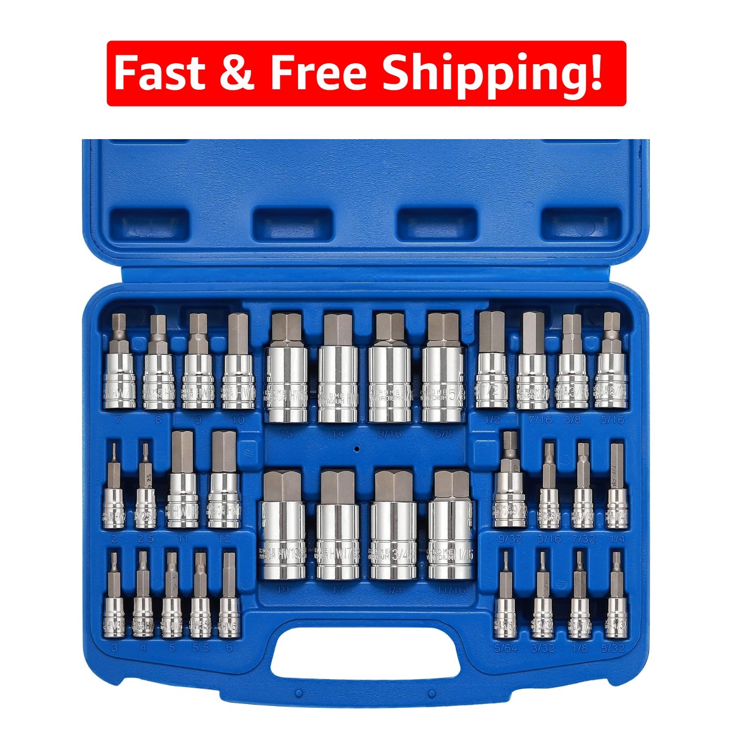 Comprehensive 33-Piece Hex Socket Set with SAE & Metric Bits – Chrome Finish