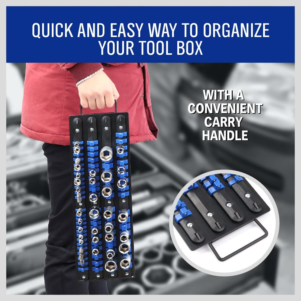 HORUSDY 80-Piece Heavy Duty Socket Organizer, 1/4-Inch, 1/4″ 3/8″ 1/2″, Blue