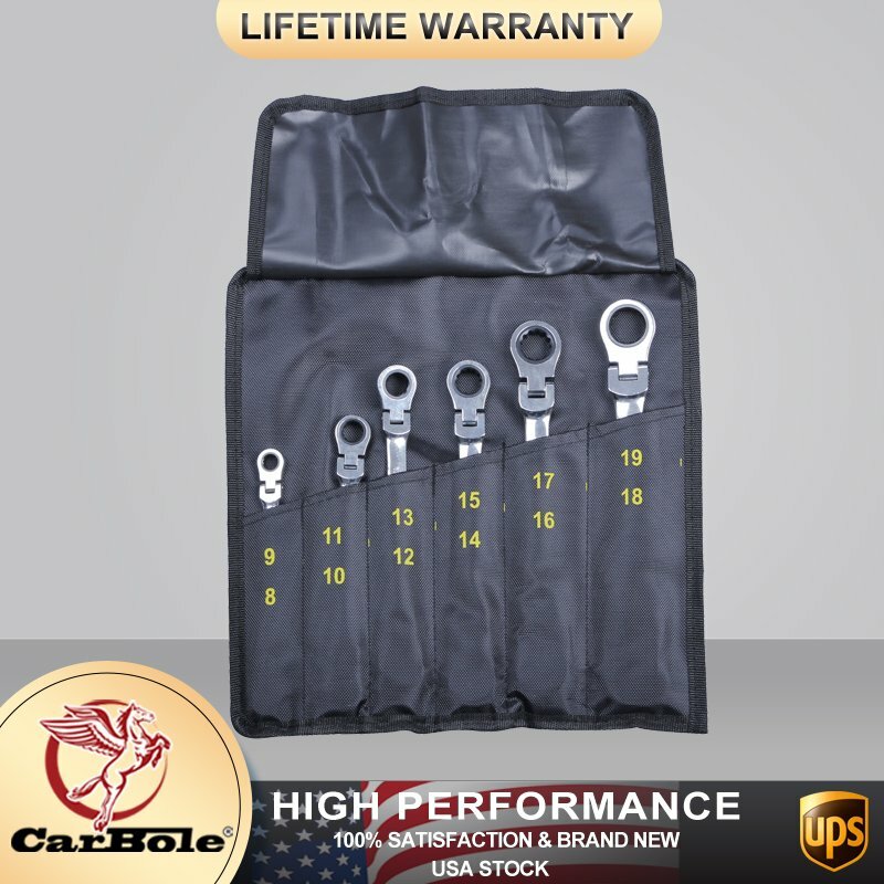 Double Box End Ratcheting Wrench Flex-Head Extra Long 6 PC Spanner Set Metric US