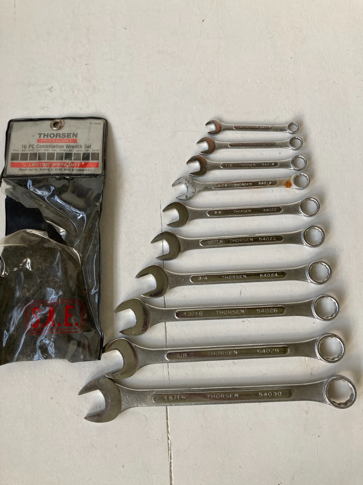 Vintage Thorsen 10 Pc SAE Combination Wrench Set 3/8-15/16 USA