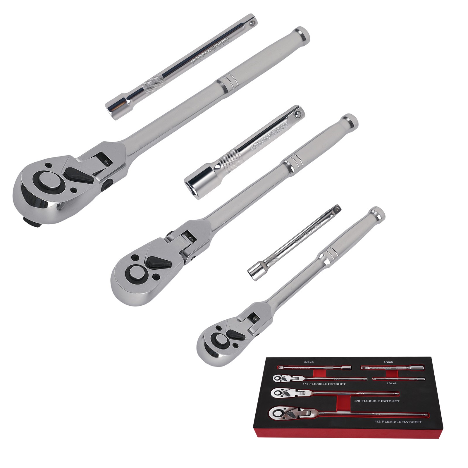 6PC Swivel Head Ratchet Set 1/4 3/8 1/2 Drive Extension Bar 72T Hand Tool Kit