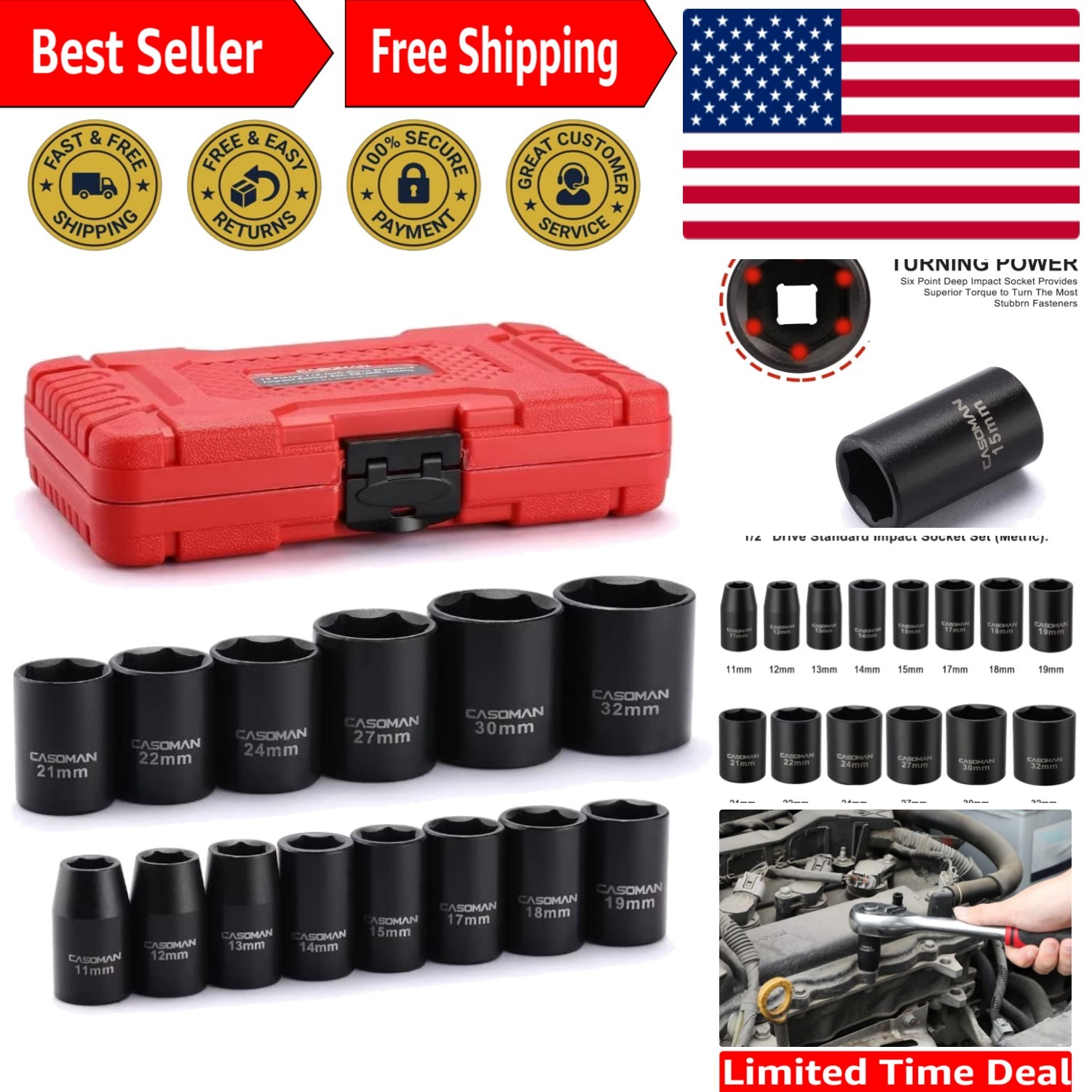 Durable 14-Piece 1/2-Inch Drive Impact Socket Set with Black Phosphate Finish