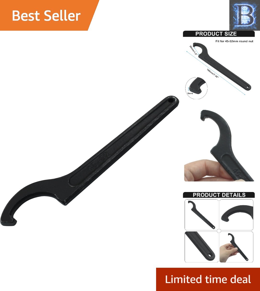 45-52mm C-Hook Spanner Wrench in Black Carbon Steel – Ergonomic Design