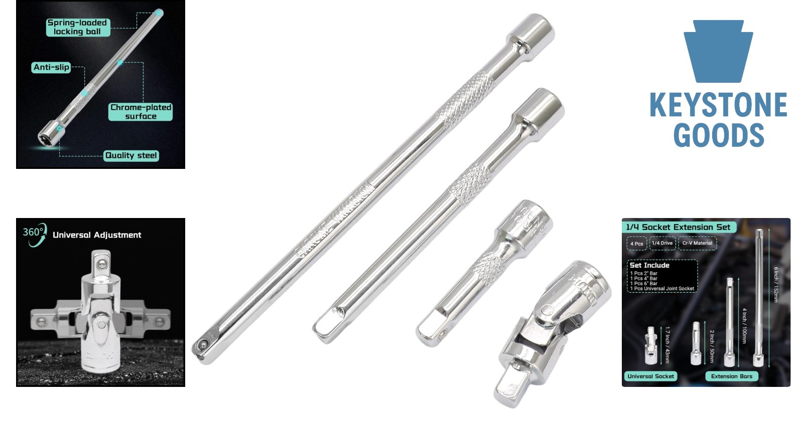 4 Pcs 1/4 Inch Chrome Vanadium Socket Extension Set with Universal Joint – He…