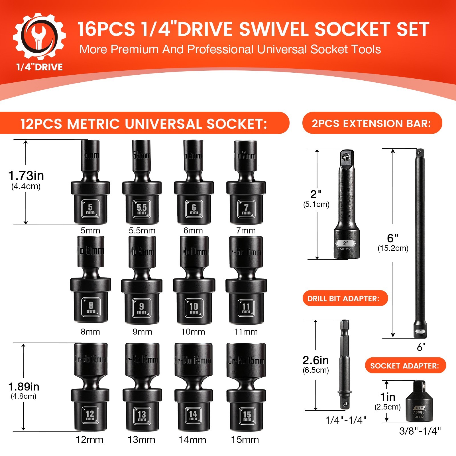 1/4″ Drive Universal Impact Socket Set, 16-Pcs Metric Size (5, 5.5, 6-15mm)