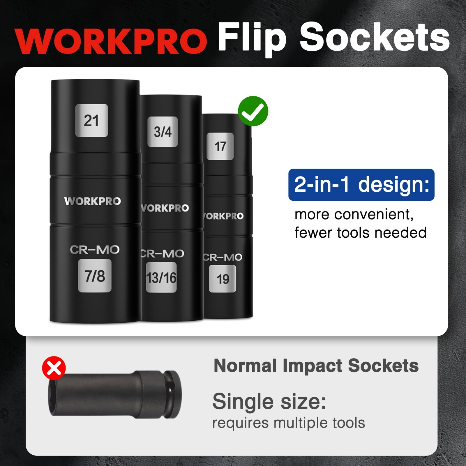 WORKPRO 4PCS Impact Socket Set 1/2″ Drive Wheel Socket Set Cr-Mo Steel Dual-Head