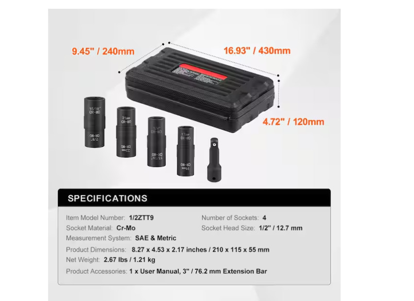 Lug Nut Impact Socket Set, 1/2 In. Drive Metric and SAE 6-Point Flip Socket Set,