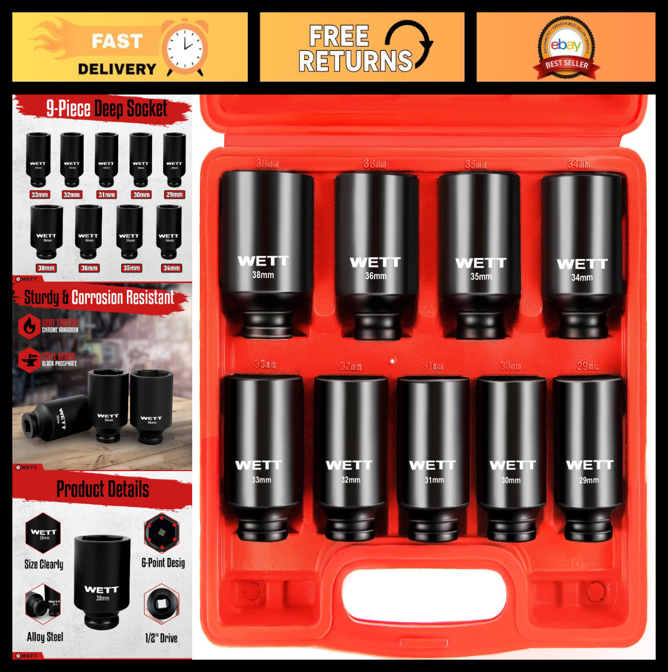 9-Piece 1/2″ Drive Deep Impact Socket Set, Metric 6 Point Axle Nut Sockets 29mm-