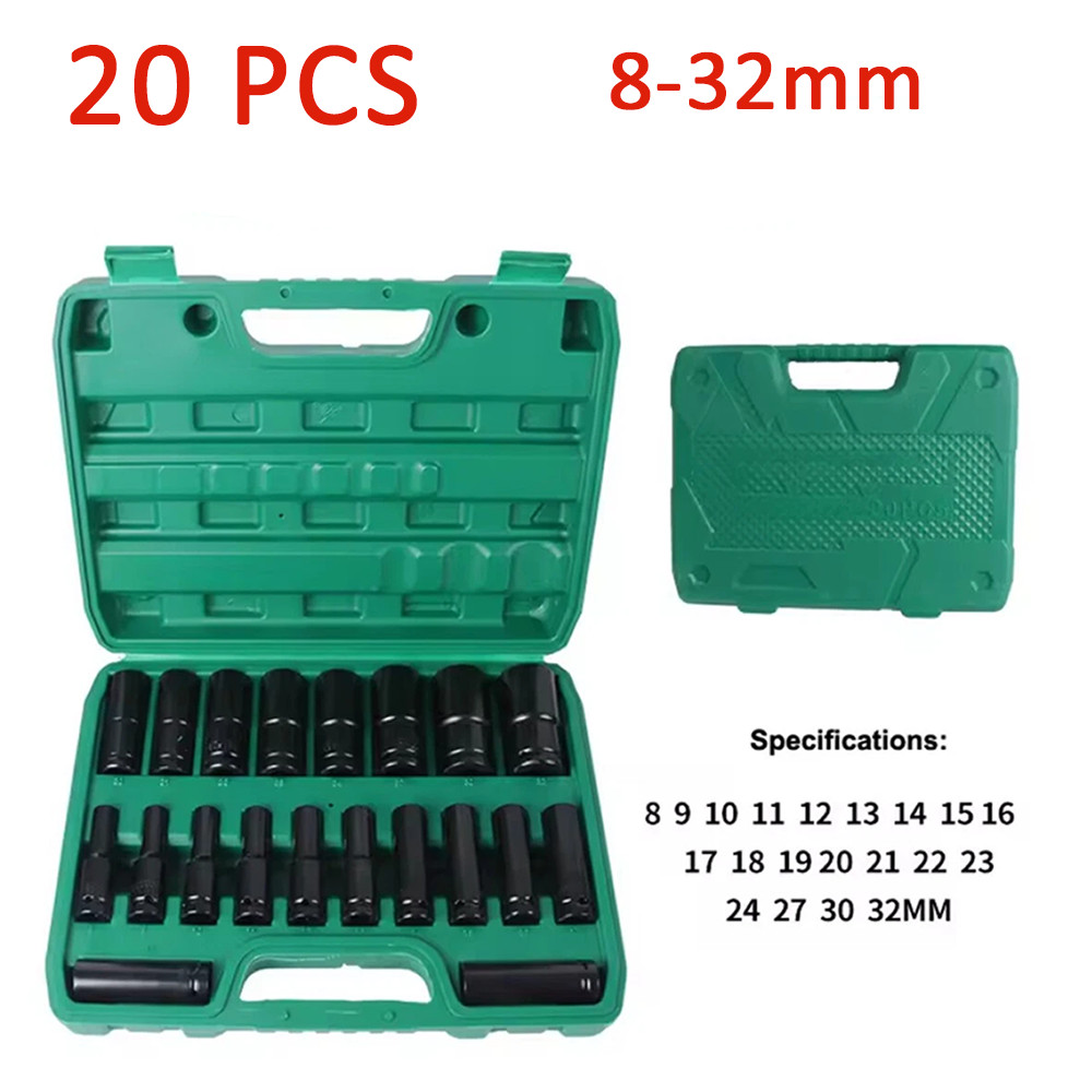 20PCS 1/2»Deep Impact Sockets Set Drive Metric 8mm-32mm Deep 6-Point Set w/case