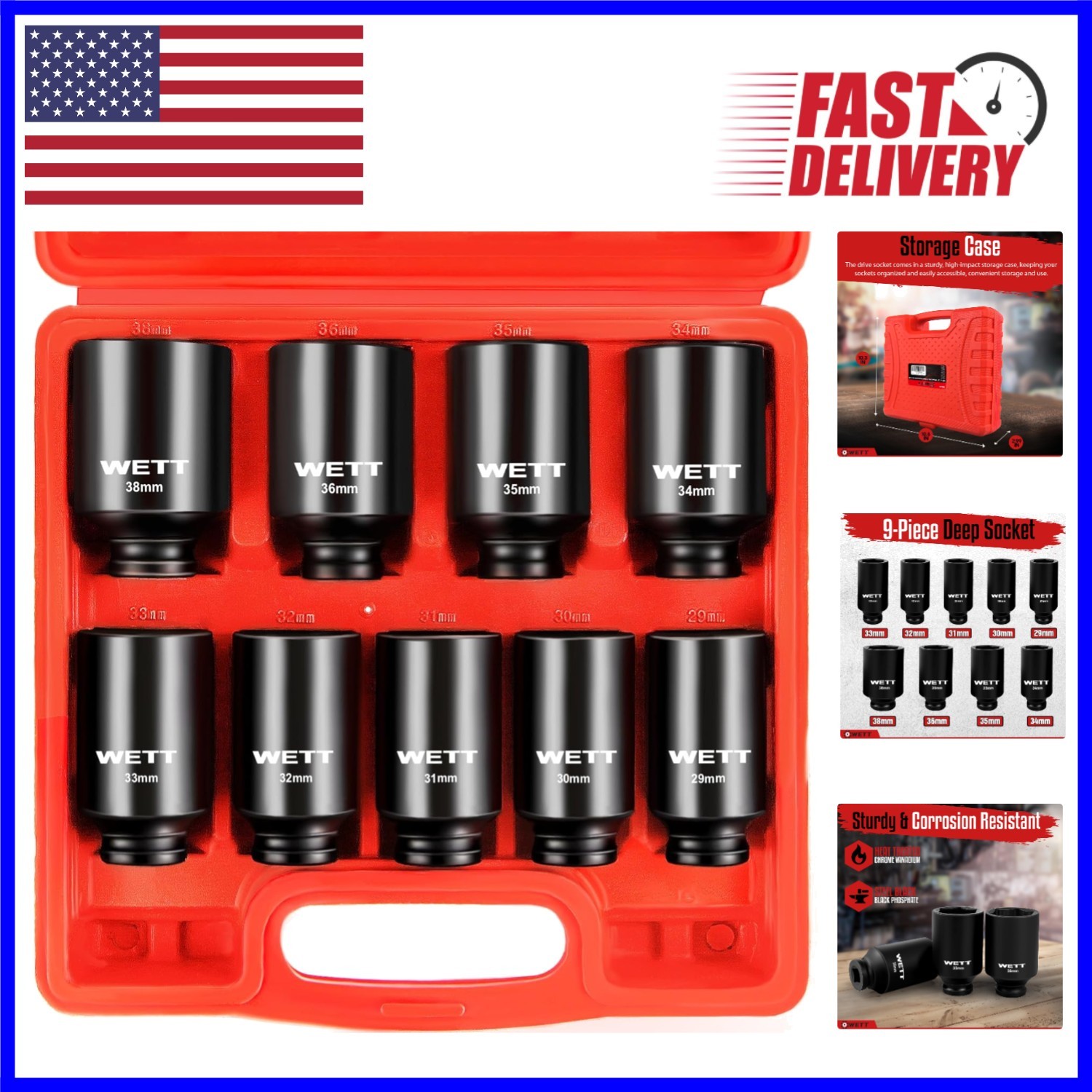 Essential 9-Pc 1/2″ Drive Deep Impact Sockets – Chrome Vanadium, Black Finish