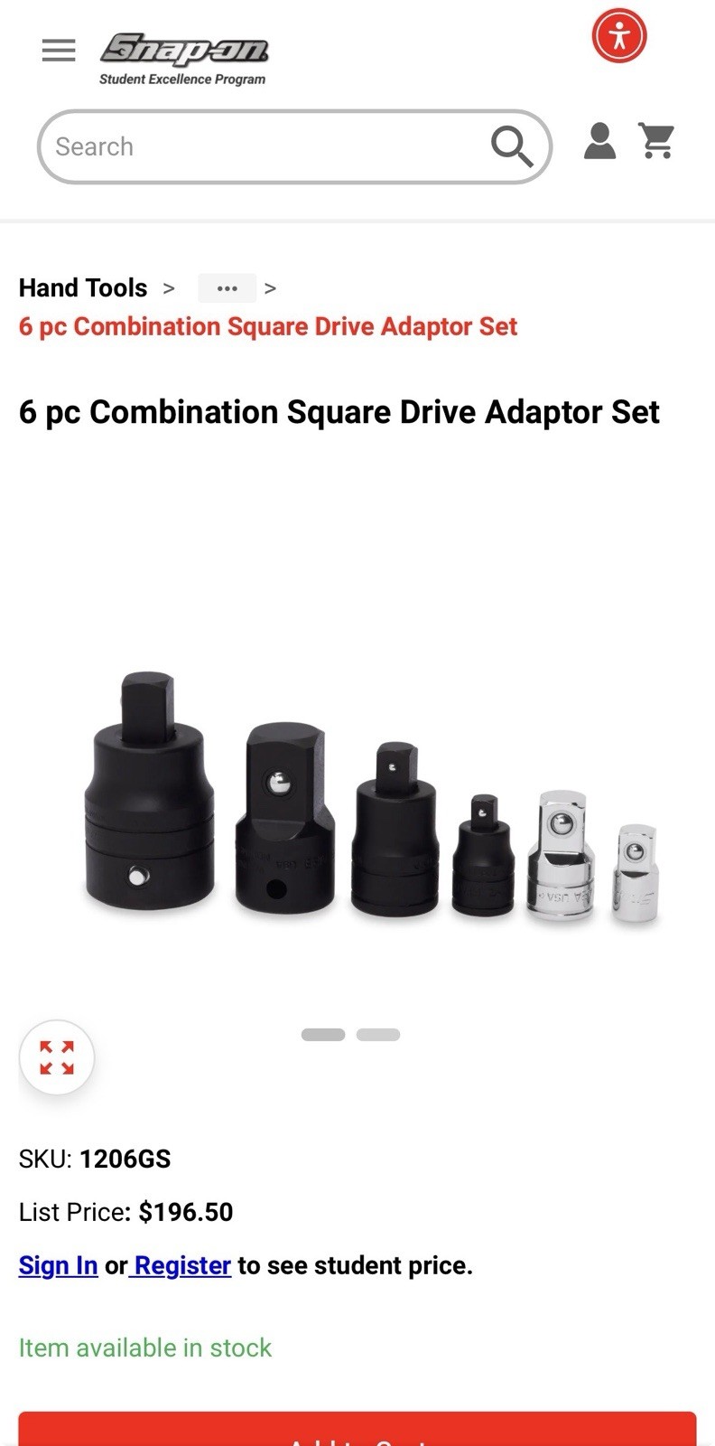 BRAND NEW Snap On 6-Piece Adapter Set – 1206GS