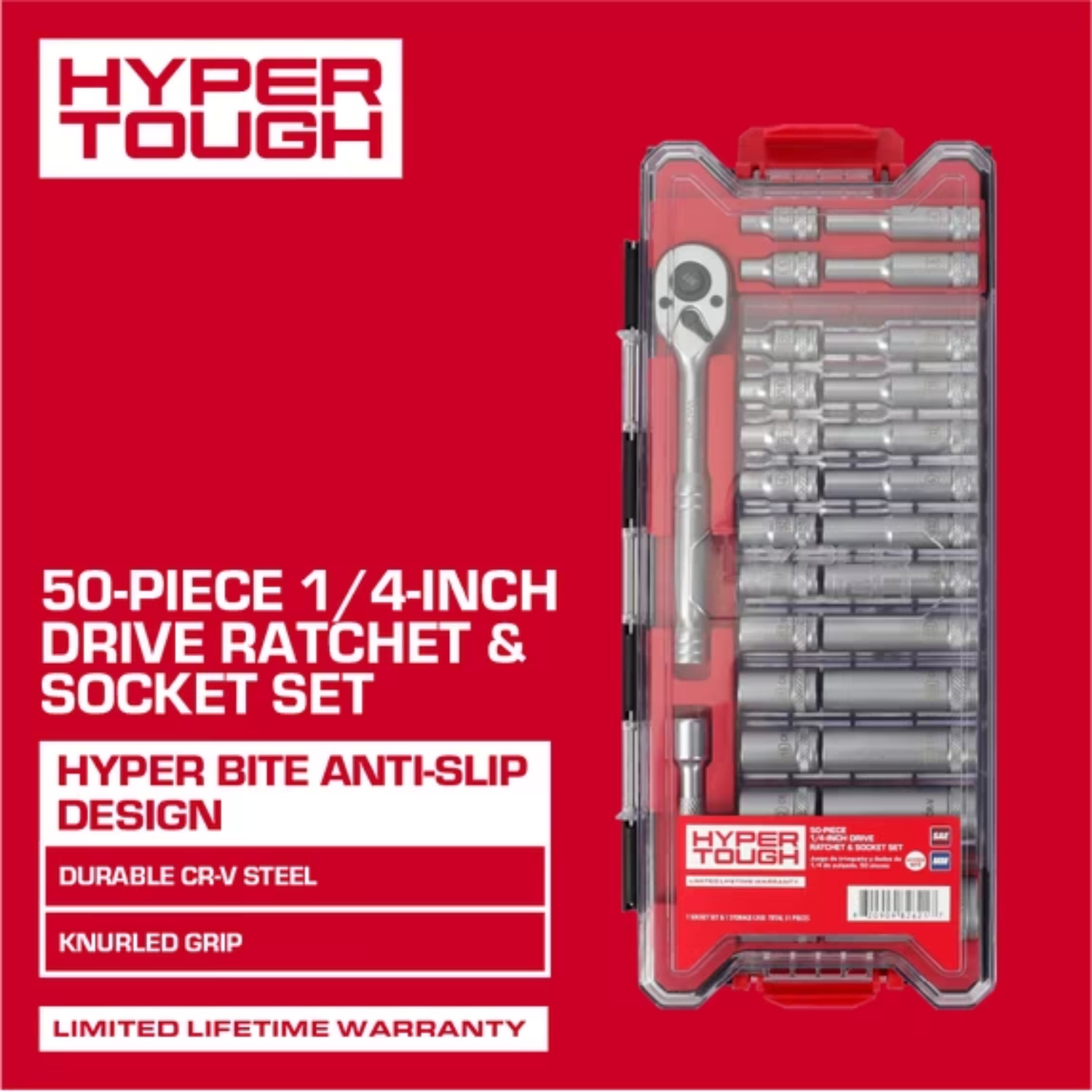 Hyper Tough 1/4-Inch Drive Ratchet and Socket Set SAE and Metric 50 Pieces