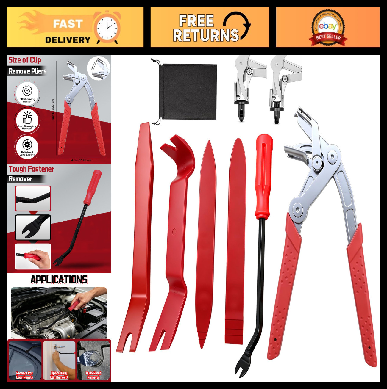Auto Fastener Clip Removal Pliers & Trim Tools Set with Storage Bag – Car Panel
