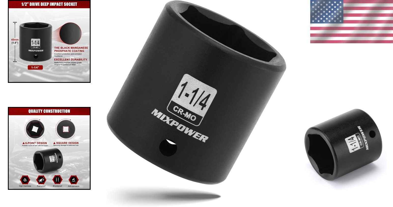 6 Point 1-1/4″ Axle Nut Impact Socket – 1/2″ Drive, High Torque, Polished Finish