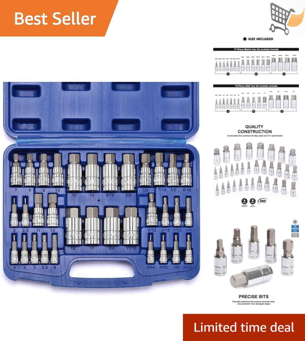 33 Piece Hex Bit Socket Set S2 Steel Chrome Vanadium SAE Metric Tools