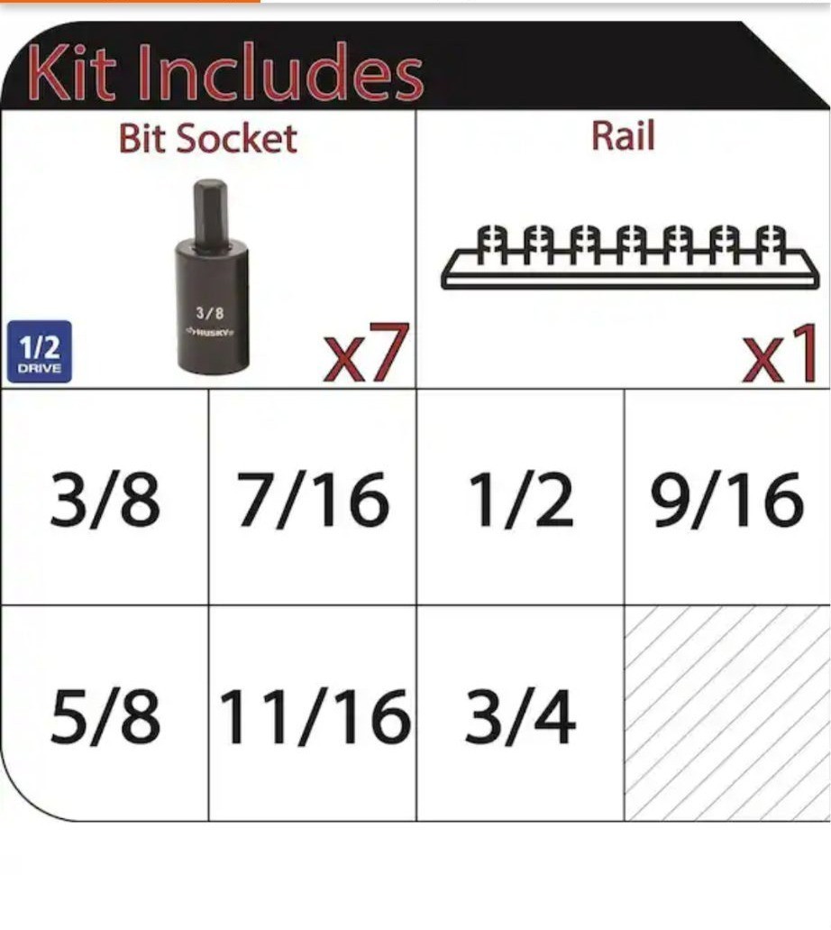 Husky 1/2 In. Drive Hex Bit Impact Socket Set SAE 7-Pieces with Rail 3/8 to 3/4