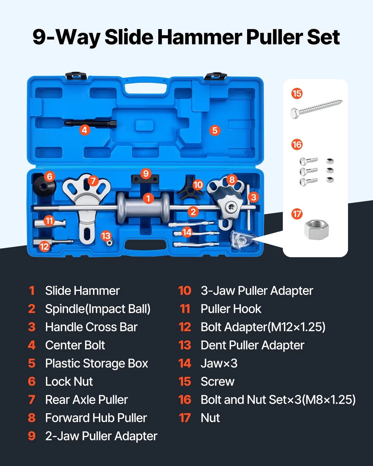 9-Way Slide Hammer Puller Set Front Rear Wheel Hub Bearing Remover 15PCS