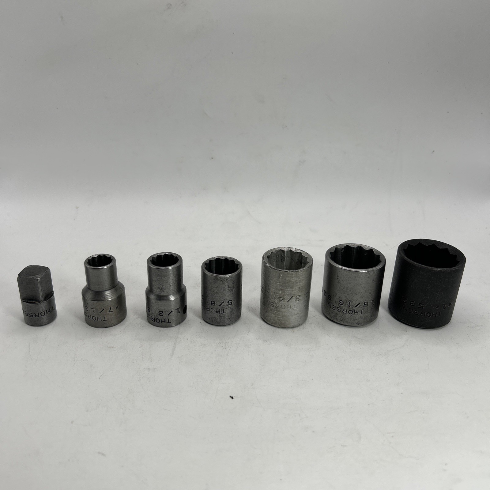 7 VINTAGE THORSEN 1/2″ DRIVE SET 12 POINT SOCKETS – 3/8 To 1/2 Adapter 7/16-1”
