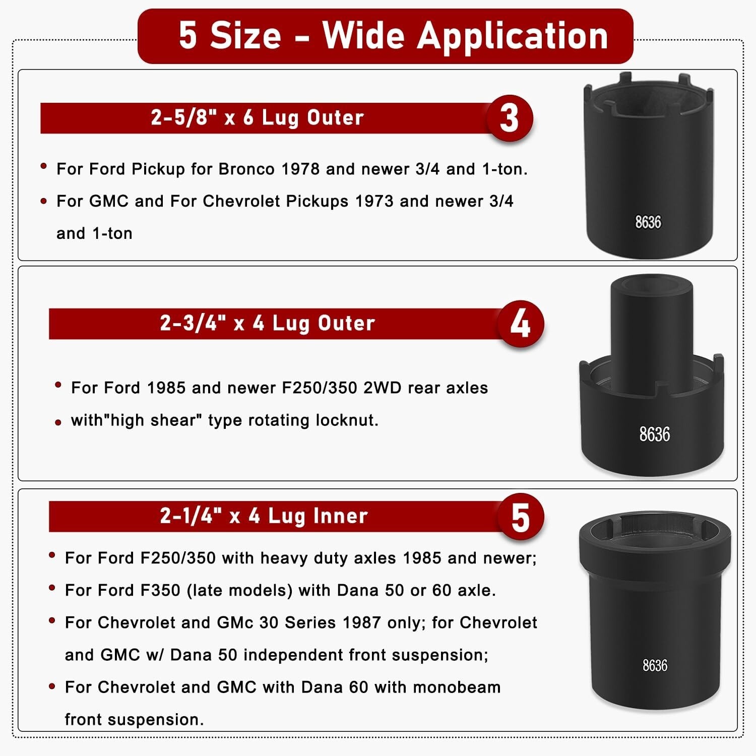 5pcs Spindle Nut Sockets Kit Axle Hub Nut Socket For Ford Dana 50/60, 1/2″ Drive