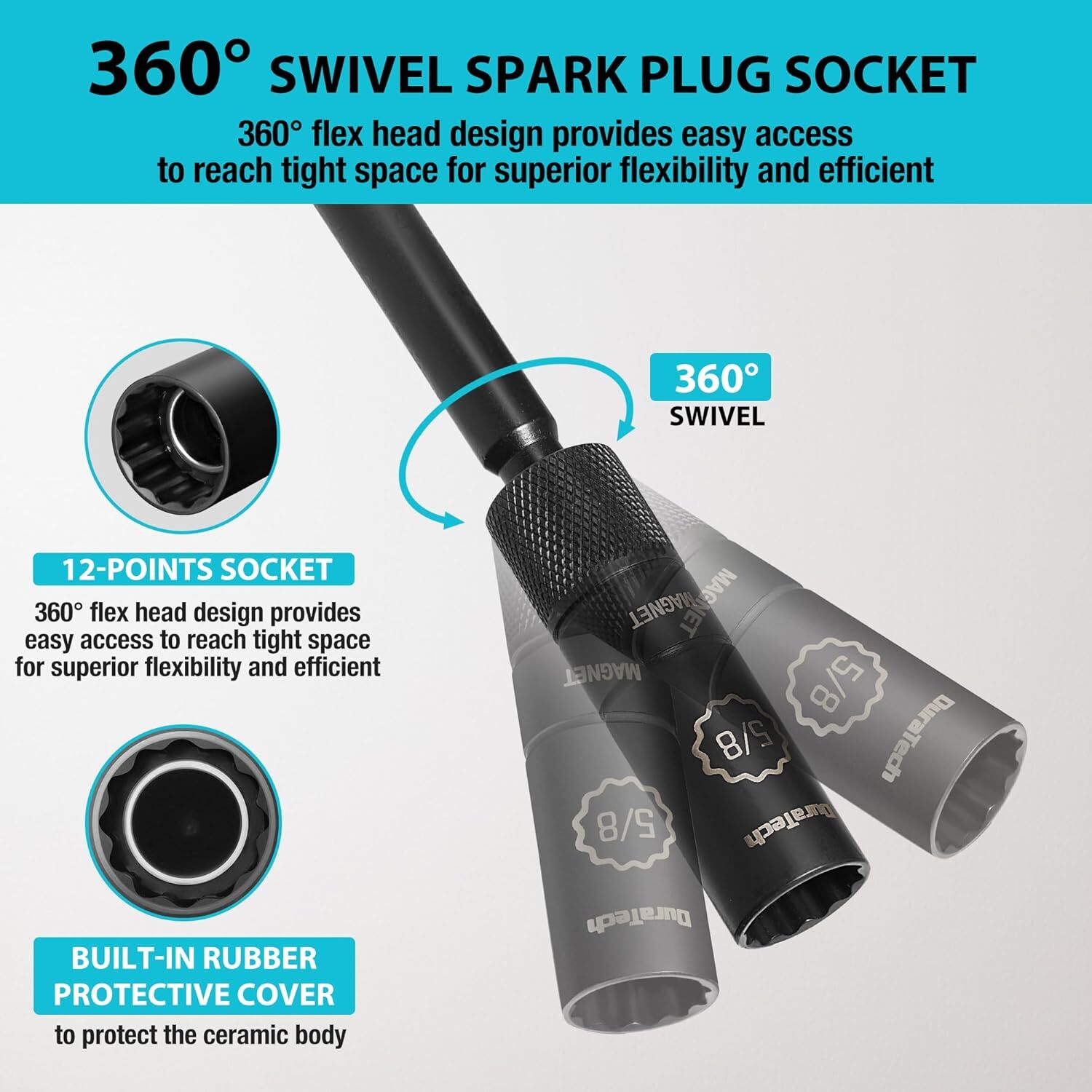 5/8 inch Swivel Magnetic Spark Plug Socket with 12-Point 3/8″ Drive x6″ NEW