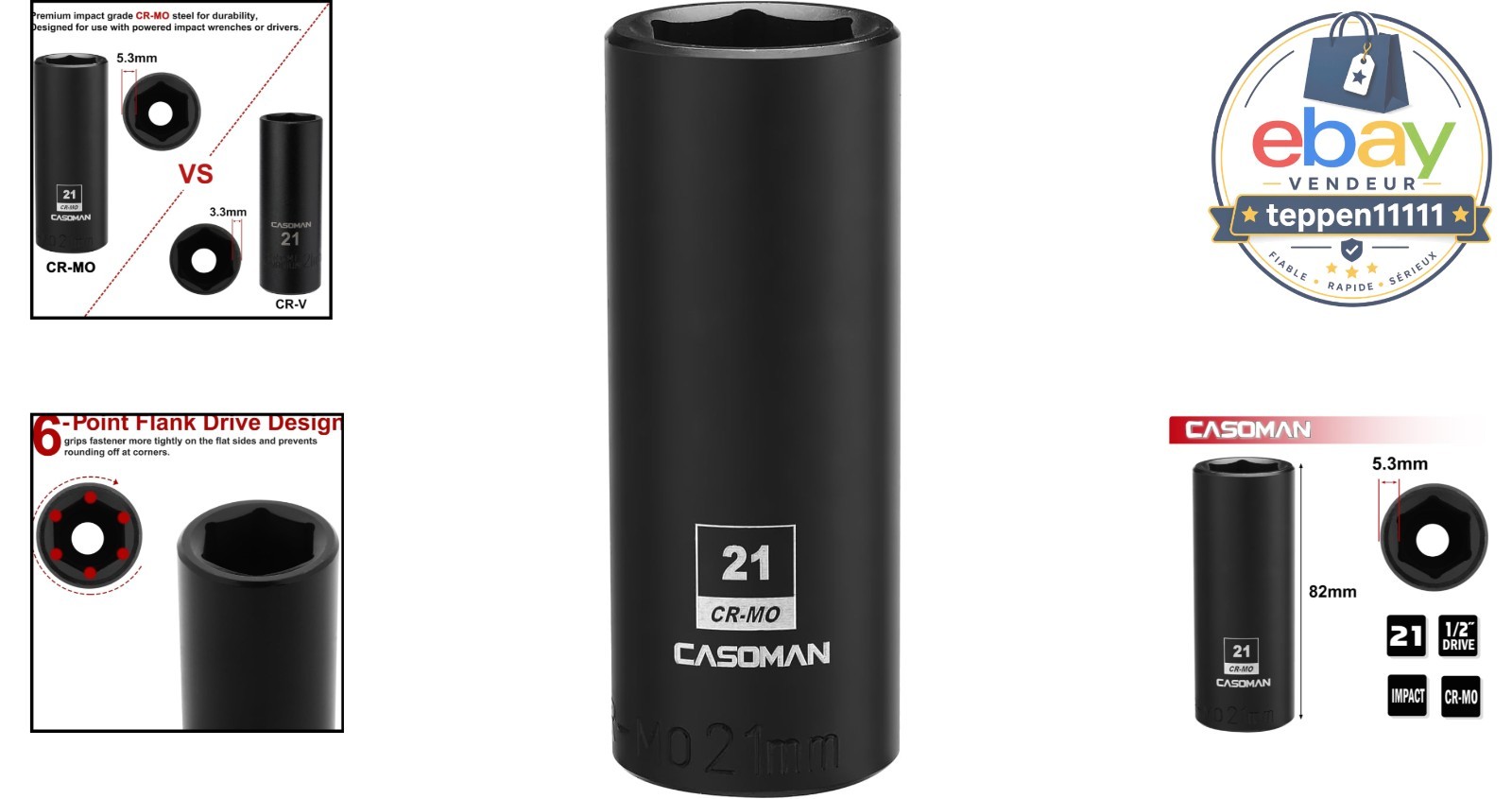 21mm Deep Impact Socket, 1/2-Inch Drive, 6-Point, CR-MO