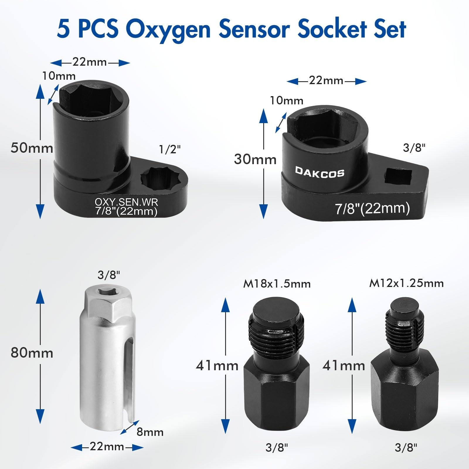 DAKCOS 5pcs Oxygen Sensor Socket Set, 1/2″ 3/8″ Drive 22mm(7/8″) Lambda Sensor