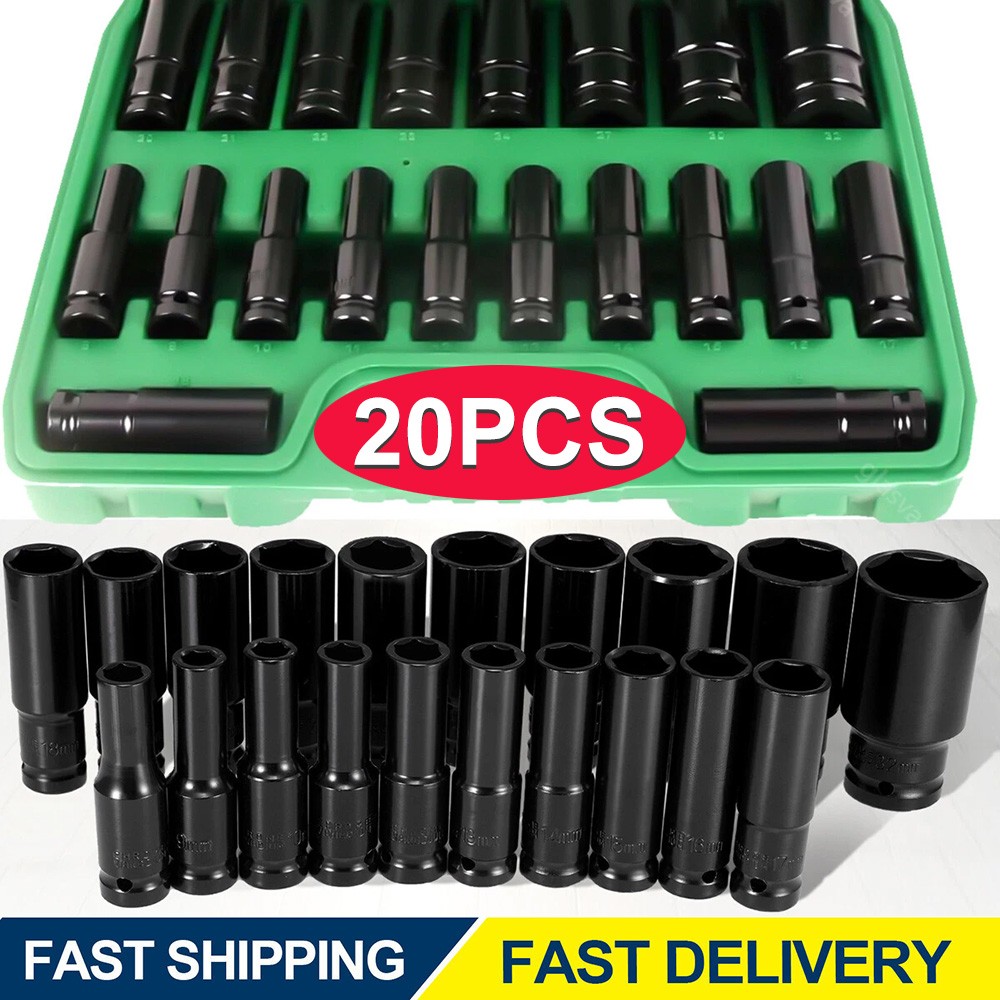 20PCS 1/2 Inch Impact Sockets Set Drive Metric 8mm-32mm Deep 6-Point Set w/ Case