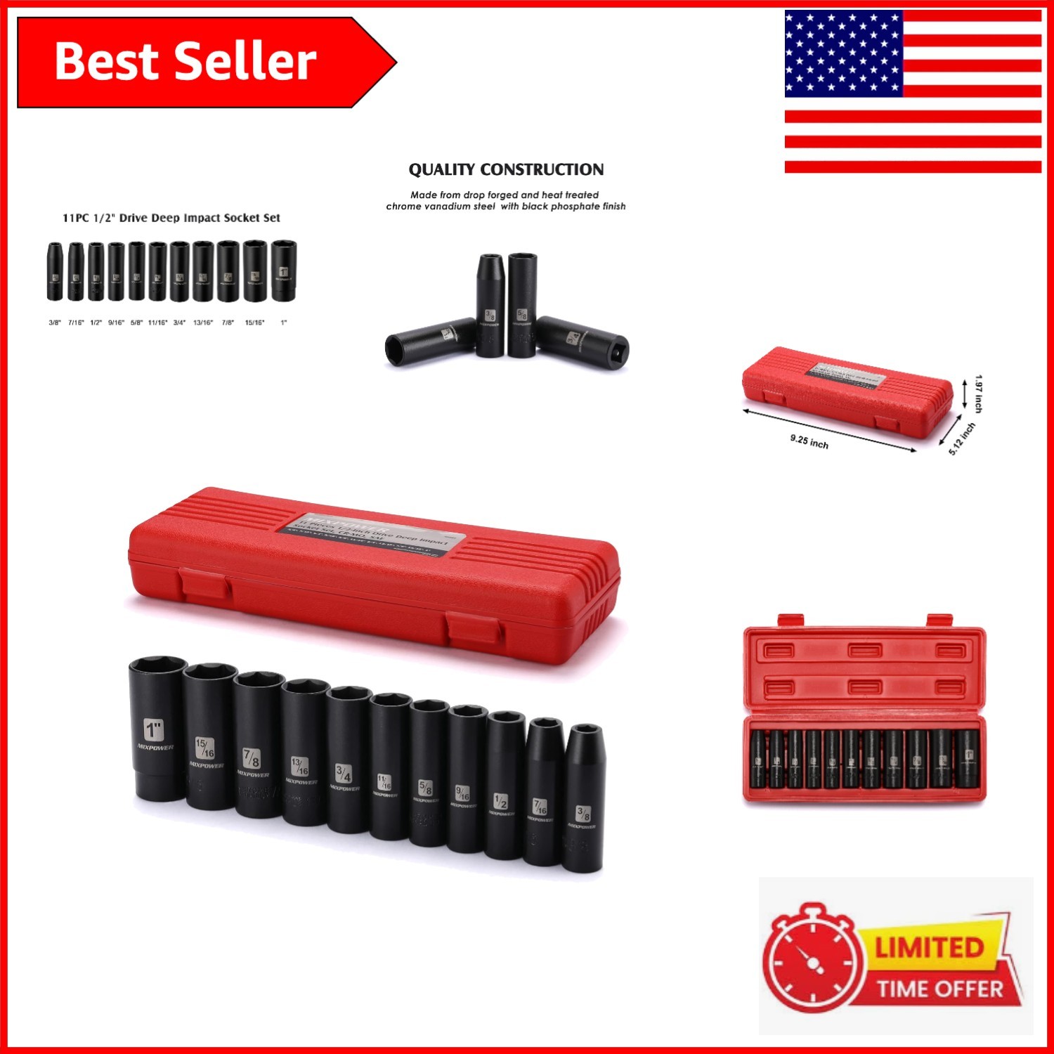 Durable 11-Piece Chrome Vanadium Deep Impact Socket Set – 6-Point & Laser Marked